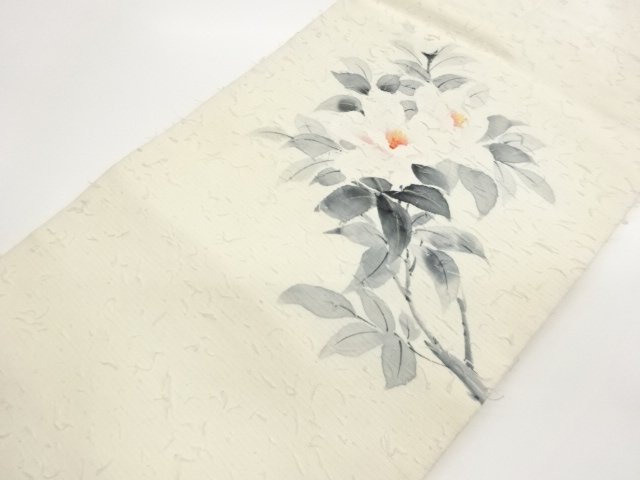 作家物　ひげ紬金彩手描き牡丹模様名古屋帯